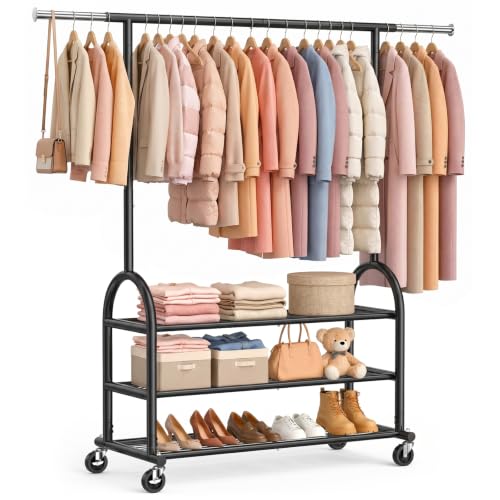 Heavy Duty Clothes Rack for Hanging Clothes Load 688 LBS, Height Adjustable Rolling Clothing Racks, Portable Metal Coat Rack Garment Wardrobe with Wheels and 3 Shelves for Bedroom, Black - color: Black, style: 3 Shelves