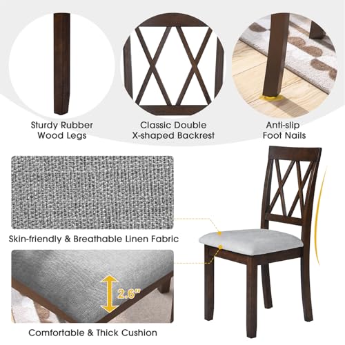 3Pcs Dining Set with Drop Leaf Dining Table and 2 X-Back Chairs, Solid Wood Kitchen Table Set for Small Place, Brown+Grey - color: Brown+grey