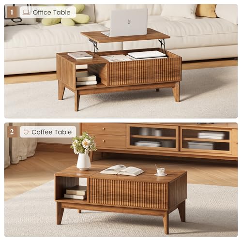 Fluted Coffee Table with Storage, Oval Lift Top Modern Rectangle Table for Living Room