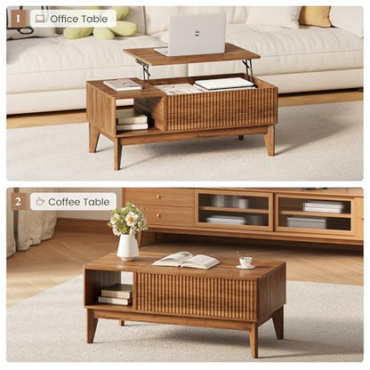 Fluted Coffee Table with Storage, Oval Lift Top Modern Rectangle Table for Living Room