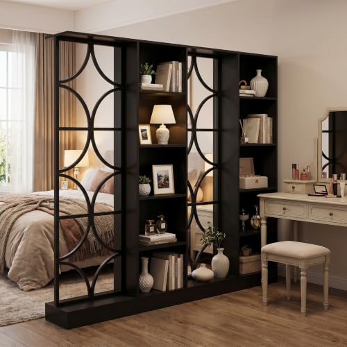 Tribesigns 2PCS Wall Room Divider, Freestanding Wall Partition with Shelves | 71" Modern Entrance Hall Partition with LED Light, Geometric Frame Design for Living Room Separation, Home & Office, Black