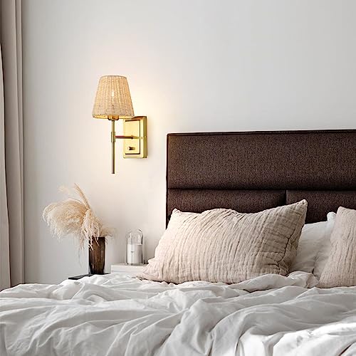 WINGBO Wall Sconce Rattan Wrapped Wall Lamp Set of 2, Wall Light Gold Light Fixture Vintage Bedside Light Wicker Handmade Shade Brass Reading Light Plug in or Hardwire Gold