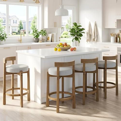 HEAH-YO Mid Century Modern Bar Stools Set of 6, Farmhouse 26.5" Counter Stools with Back, Linen Upholstered Barstools with Solid Wood Legs Bar Chairs for Kitchen Island Dining Room, Light Grey - color: 26.5" Light Grey Linen, size: Counter Height - Set of