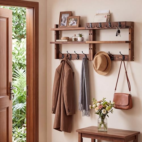 28" Coat Rack Wall Mount with Shelf 4 in 1 Two Tier Wall Shelf Coat and Key Hanger with 11 Hooks Entryway Key Holder with Mail Holder for Hallway Entryway Bathroom Mudroom Bedroom, Rustic Brown