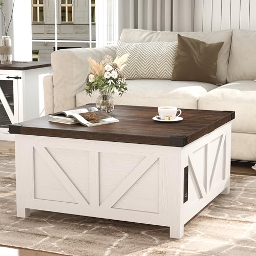 jimeimen Farmhouse Lift Top Coffee Table with Storage, Wood Square Center Table with Charging Station&USB Port, Living Room Table w/Large Hidden Space, for Living Room, Bedroom, Home Office, White - color: White