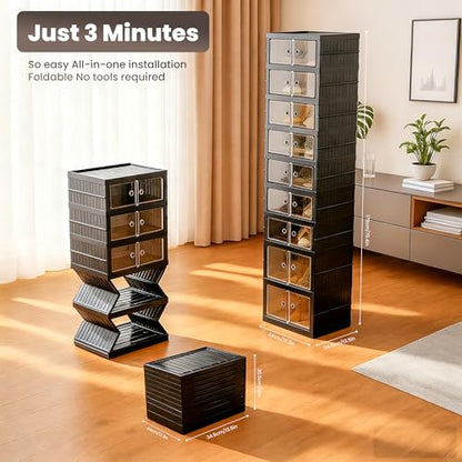 Foldable Shoe Organizer Storage Box, Portable Extra Large Folding Shoe Rack for Closet, Shoe Storage Box with Magnetic Transparent Door and Wheels, 9 Layers 18 Grids with 4 Big Grids - size: Black 9 Layers-C