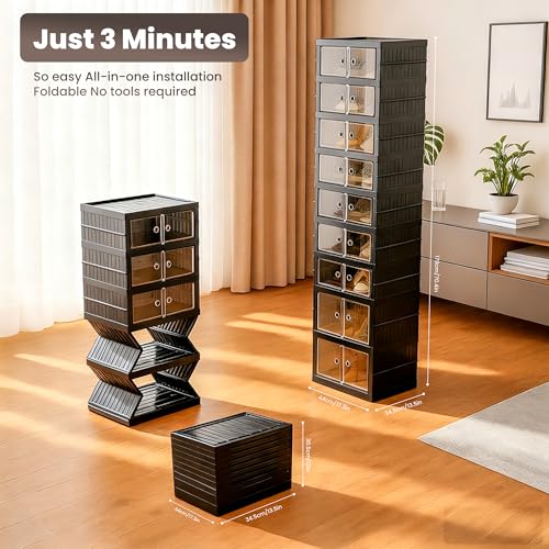 Foldable Shoe Organizer Storage Box, Portable Extra Large Folding Shoe Rack for Closet, Shoe Storage Box with Magnetic Transparent Door and Wheels, 9 Layers 18 Grids with 4 Big Grids - size: Black 9 Layers-C