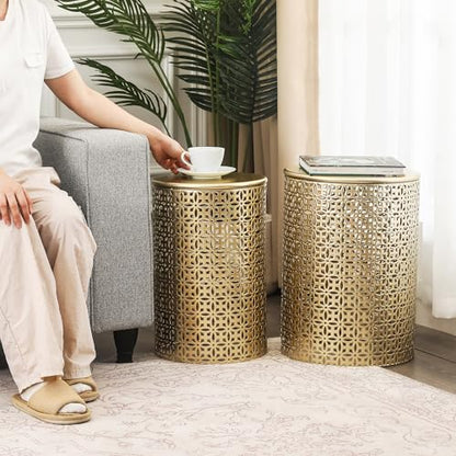 Homebeez Modern Nesting Tables Set of 2, Round Metal End Table, Gold | Accent Side Tables for Living Room & Bedroom, No Assembly Nightstands - color: Gold