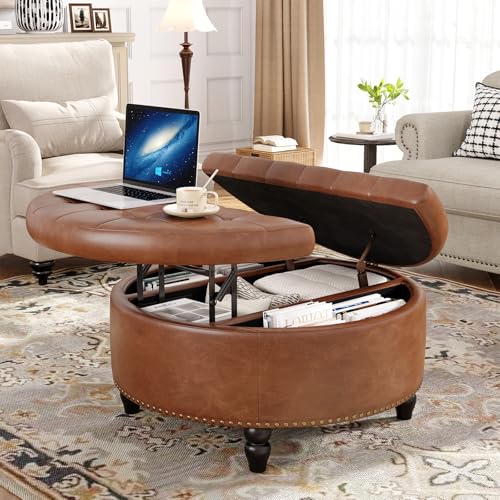 FiveWillowise 30 Inch Large Round Ottoman with Storage Circular,Brown | Leather Coffee Table with Lift Top,Modern Upholstered Button Tufted Footrest Stool Solid Wood Legs for Living Room,Bedroom - color: Brown
