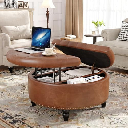 FiveWillowise 30 Inch Large Round Ottoman with Storage Circular,Brown | Leather Coffee Table with Lift Top,Modern Upholstered Button Tufted Footrest Stool Solid Wood Legs for Living Room,Bedroom - color: Brown