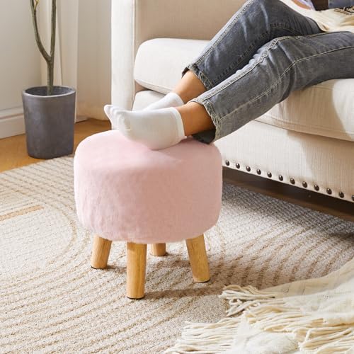 YMYNY Round Pouf Ottoman,12.6" Small Foot Stool,Pink HBD035P | Faux Fur, Wood Legs, Foot Rest for Couch, Modern Boho for Living Room Bedroom Office - color: Pink
