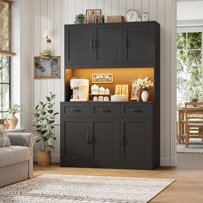 HOSTACK Kitchen Pantry Storage Cabinet, Tall Kitchen Hutch Cabinet, Black | 47"W Food Pantry Cabinet with Smart LED / Charging Station / Countertop / 3 Large Drawers, 72"H Storage Hutch, Dining Room - color: Black