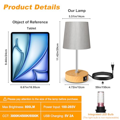 Ascher Small Bedside Table lamp Set of 2, RGB Color Changing Lamps, 3 Color Temperatures, Stepless Dimmable, Nightstand Lamp with USB C+A Ports for Bedroom Living Room, (Grey Shade, Wood Grain Base) - color: Wood Grain Base & Grey Shade - 2 Pack, size: 11