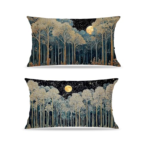 William Morris Inspired Night Moon Forest Throw Pillow Cover 12x20 Set of 2, Dark Cottagecore Nature Landscape Botanical Decorative Lumbar Pillow Cover Case for Home Living Room Bedroom - color: Forest Moon and Starsl-3