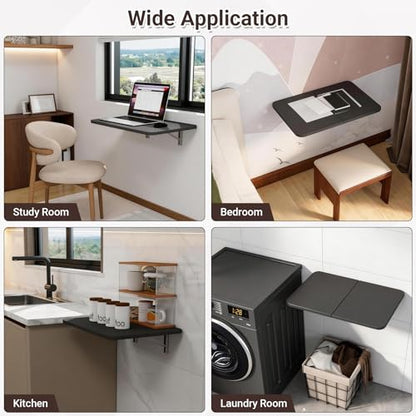 Neoaider Wall Mounted Folding Desk 23.6” x 15.7”, Black | Drop Down Table with Metal Collapsible Brackets, Folding Wall Table for Small Spaces, Home, Office, Kitchen, Laundry Room - color: Black, size: 23.6" x 15.7"