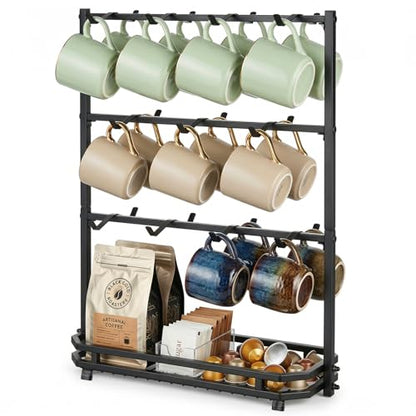 Coffee Mug Holder for Countertop, 22 Hooks Metal Coffee Cup Holder Rack | 3 Tier Mug Tree Holder Rack, Mug Tree Stand with Storage Base for K Cup Coffee Pod Paper Cups Tea Bag, Black - color: 3-Tier