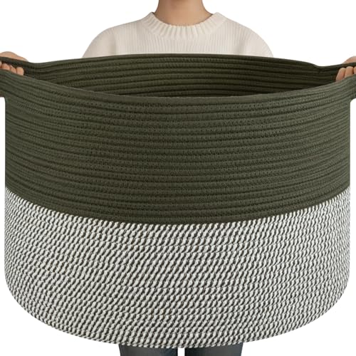 OIAHOMY 90L XXXLarge Blanket Basket for Living Room, 21.7" x 13.8" Woven Cotton Rope Laundry Basket for Organizing Pillows, Decorative Stuffed Animal Toy Storage for Nursery, Green and Grey - color: Green and Grey, size: 21.7"D x 13.8"H