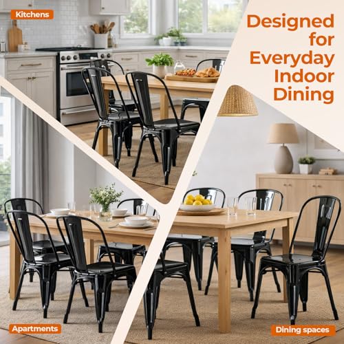Metal Dining Chairs Set of 4 Obsidian Black | Stackable Tolix Style Indoor Outdoor Patio Kitchen Farmhouse Chair - color: Obsidian Black
