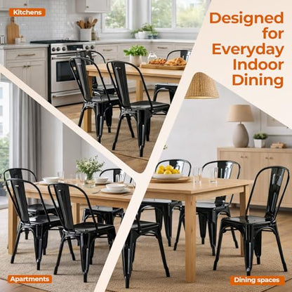 Metal Dining Chairs Set of 4 Obsidian Black | Stackable Tolix Style Indoor Outdoor Patio Kitchen Farmhouse Chair - color: Obsidian Black