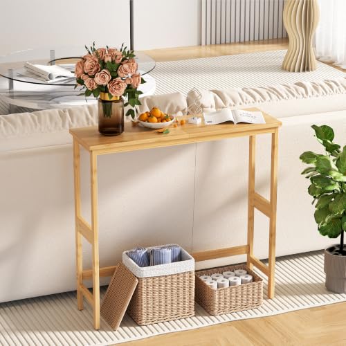 VASMIA Console Table, Small Entryway Table, Narrow Bamboo Sofa Table, for Entryway, Living Room, Foyer, Natural - color: Natural, size: 9.45"D x 31.5"W x 29.53"H