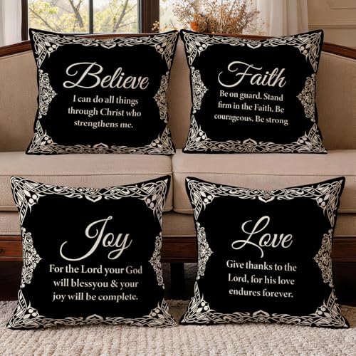 OBSEDE Black Bible Verse Decorative Throw Pillow Covers 18x18 in Set of 4 | Faux Linen, Invisible Zipper, Single-Sided, Elegant Home Decor, Cozy Couch Sofa Bed Cushion Cases, Believers Inspiring Gifts - color: Black and White Bible Verse, size: 18" x 18"