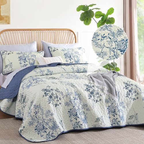 WONGS BEDDING Floral Quilt Set Queen,3 Pcs Blue Bedspreads Coverlets Set | Spring Summer Floral Farmhouse Bedspread with 2 Shams,Soft Microfiber Lightweight Coverlet for All Season 96"×90" - color: Blue, size: Queen