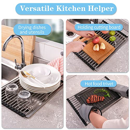 Seropy Roll Up Dish Drying Rack Over The Sink for Kitchen Sink Drying Rack Folding Dish Drainer Mat Rolling Dish Rack Sink Rack Stainless Steel Kitchen Dry Rack Black 17.5x15.7 Inch - color: Black, size: 17.5 x 15.7 in