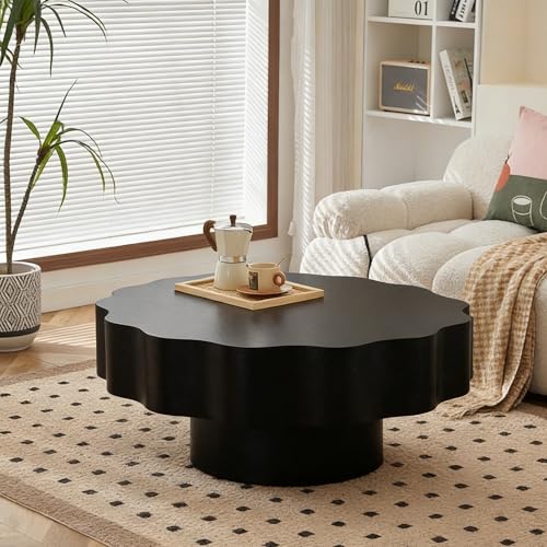 Modern Black Scalloped Coffee Table 31.5" Round Wood Center Table Wave-Shape Coffee Tea Tables with Pedestal Base for Living Room Apartment Small Space (Black) - color: Black