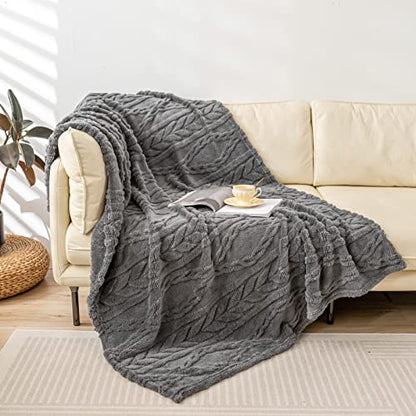 YUSOKI Sherpa Fleece Large Throw Blanket, Grey, 50"x65" | 3D Stylish Design,320GSM, Non-Shedding, Lightweight for All Season Use, stays fluffy after repeated washes, Perfect Gifts - color: Grey-(without Pillows), size: Throw (50" x 65")