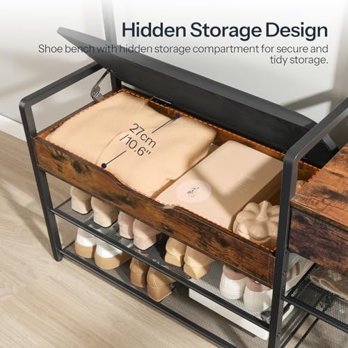 HOOBRO Hall Tree with Bench, Shoe and Coat Rack for Entryway, Coat Rack with Bench, Flip Top Storage Box, PU Cushioned Seat, Non-Woven Fabric Drawer, for Entrance, Rustic Brown and Black BF110MT01 - color: Rustic Brown + Black