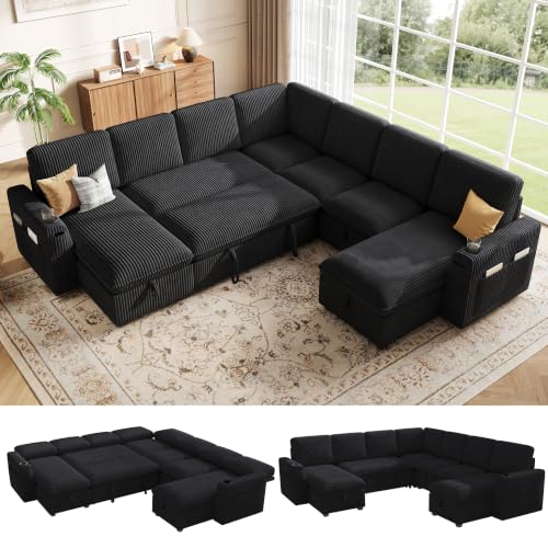 Oversized Sectional Sleeper Sofa with Pull Out Bed, Plush Corduroy 9 Seat Modular Sofa with Storage Chaise and Adjustable Backrest, Cloud Couches for Living Room, Apartment, Black - color: Black, size: 108" L Shape (9-Seat1)