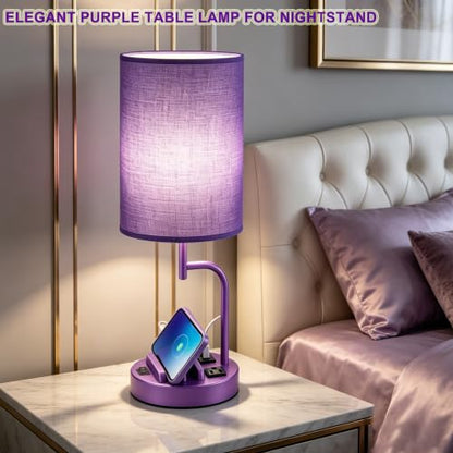 Dreamholder 2 Pack Table Lamp, Bedside Lamp with 3 USB Charging Ports & AC Outlet, USB Desk Lamp with 2 Phone Holders, Linen Fabric Shade Nightstand Lamps for Bedroom Living Room Office, Purple - color: Purple