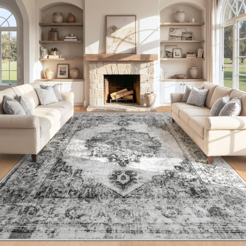 Area Rug 8x10 Vintage Rugs: Large Washable Indoor Medallion Rug Low Pile Distressed Floor Carpet Retro Accent Rugs for Living Room Bedroom Kitchen Dining Table Home Office(Black, 8'x10') - color: Black, size: 8' x 10' (Rectangular)