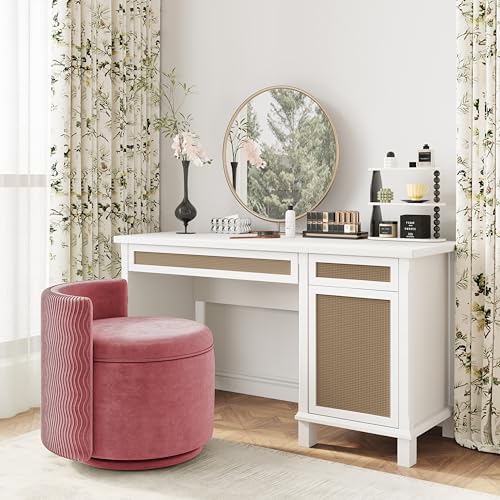 allamazing 360° Swivel Accent Chair with Storage, Vanity Stool with Back, Velvet Storage Ottoman, Upholstered Round Barrel Vanity Chair for Living Room, Makeup Room, Bedroom (Dusty Rose) - color: Dusty Rose