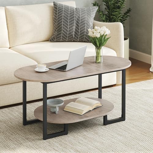HOOBRO Coffee Table for Living Room, Oval Small Coffee Table with 2-Tier Open Storage Shelf, Industrial Cocktail Tea Table, Wooden Desktop Center Table, Farmhouse, Home Office, Greige BG09KF01 - color: Greige