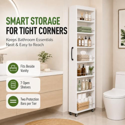 7-Shelf Tall Narrow Storage Cabinet with Wheels, 71 Inch, White | Slim Pull-Out Organizer, 7.87 Inch Wide for Small Spaces Between Washer/Dryer, Kitchen, Bathroom and Laundry Room - color: E-white