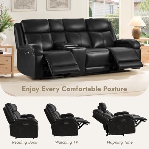 Watson & Whitely Wall Hugger Power Reclining Sofa with Console, Black | Genuine Leather Recliner Sofa, Power Headrests, Center Storage Console, Cup Holders, 3-Seater Couch, Living Room & RV - color: Black, style: 3 Seater Sofa (with console)
