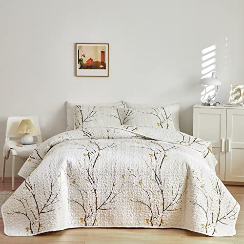 Quilt Set King Size Cream White with Black Branch Bedding Set 88x88 Soft Microfiber Lightweight Coverlet Bedspread Summer 3 Pc Bed Cover for (1 Quilt+ 2 Shams) - color: Cream, size: King(102x88)