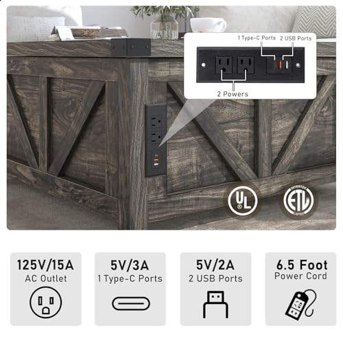 jimeimen Farmhouse Lift Top Coffee Table with Storage, Wood Square Center Table with Charging Station&USB Port, Living Room Table w/Large Hidden Space, for Living Room, Bedroom, Home Office, Dark Grey - color: Dark Grey