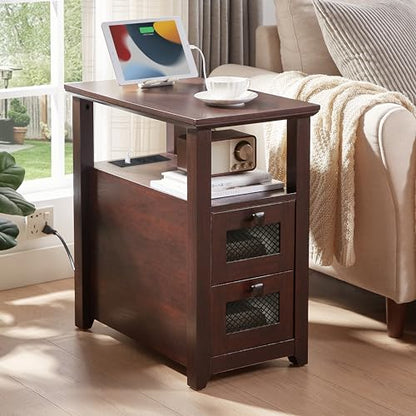 HDDDZSW Farmhouse XXL End Table with Charging Station, Narrow Side Table with USB Ports and Outlets, Nightstand with 2 Drawers Storage, Bedside Tables for Living Room, Bedroom, Rustic Cherry | Farmhouse Narrow Side Table with USB Ports and Outlets, Nights