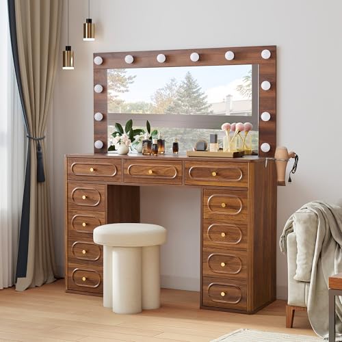 Fluted Vanity Desk with Mirror and Lights, Power Outlets, Modern Wood Vanity Desk Makeup Table with 11 Drawers, 3 Color Modes Dressing Table with Storage for Bedroom, Living Room, Walnut - style: Walnut
