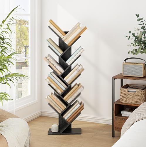 Hoctieon 10 Tier Tree Bookshelf, 10 Shelf Bookcase, Free Standing Tree Bookcase, Display Floor Standing Shelf for Books, Book Organizer Shelves for Home Office, Living Room, Bedroom, Black - color: Black, size: 10 Tier