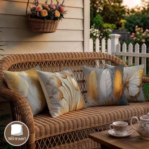 OBSEDE Boho Feather Butterfly Throw Pillow Covers 18 x 18 Inch Set of 4 | Faux Linen, Hidden Zipper, White Gold Artwork, Farmhouse Home Decor, Sofa Bedroom Couch Accent, Single Side, Fade Resistant - color: Bohemian Feather Butterfly Design, size: 18" x 1