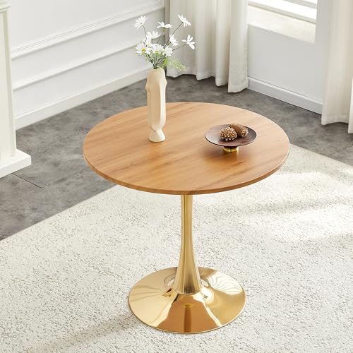 31.5" Round Dining Table, Mid-Century Modern Tulip Table with Thickened Tabletop & Metal Pedestal, Circle Bistro Table for Kitchen, Small Places, Apartments, Cafe - color: Wood Gold, size: 31.5" dining table