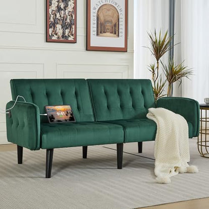 65'' Convertible Futon Sofa Bed with USB, Small Couch for Living Room | Sleeper Sofa and Loveseat, Adjustable Folding Couch with Tufted Design and 2 USB Ports, Bedroom Apartment Office, Green - color: Green