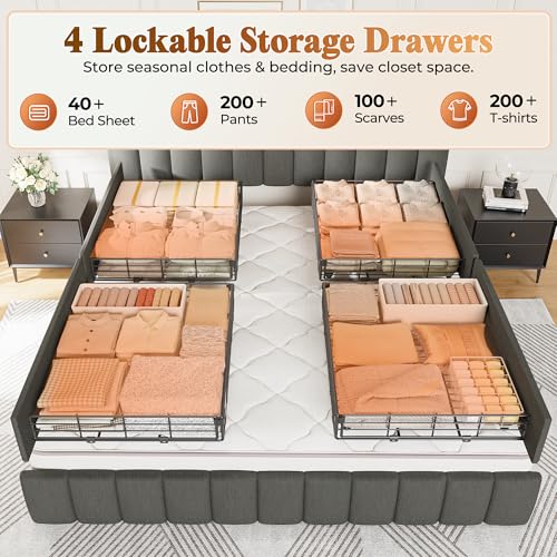 Bed Frame King Size with Upholstered Headboard & Charging Station, King Bed Frame with 4 Storage Drawers, 2-Tier Open Shelves, No Box Spring Needed, Slient Foam Strip, Easy Assembly, Grey - color: Grey, size: King