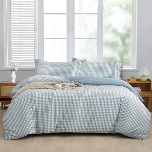 SAPHREAS Twin Size Light Blue Plaid Duvet Cover 100% Washed Cotton Soft Comforter Cover Simple Style 2pcs 1 Blue Grid Duvet Cover 1 Pillow Sham, Comforter Not Included - color: Checker Blue, size: Twin (68"x90")