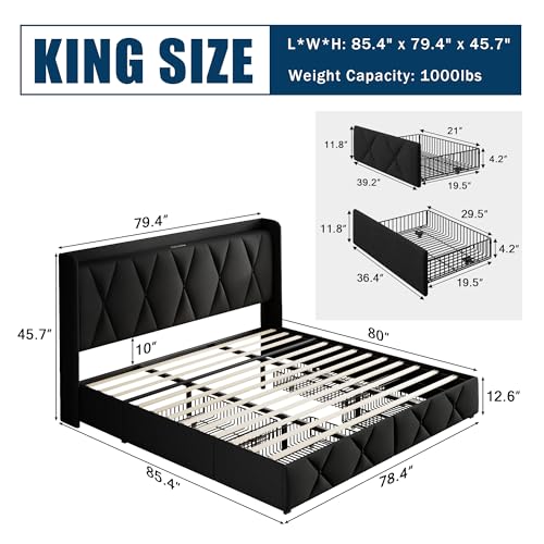GalnFu King Bed Frame with 4 Storage Drawers, Upholstered Platform Bed with Charging Station, Modern Wingback Storage Headboard, Easy Assembly,Noise-Free, Black - color: Black, size: King