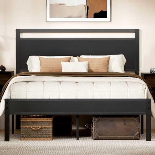 Z-hom Queen Bed Frame with Wooden Headboard & Footboard,Metal Platform Bed | Heavy Duty Metal Slat Support,No Box Spring Required,Quiet Non-Slip Construction with Underbed Storage Space,Black - color: Black, size: Queen
