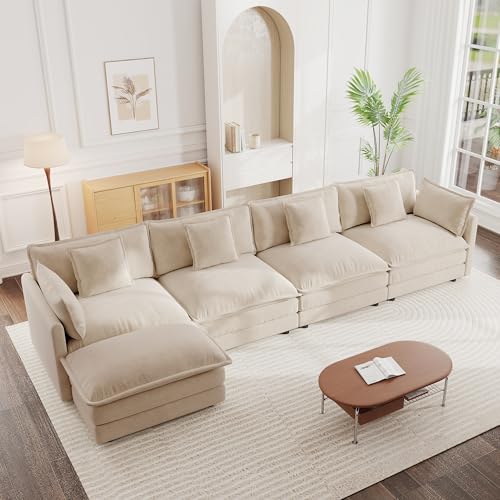 Modular Sectional Sofa, 146.5 Inch L Shaped Couch Set for Living Room, 4-Seater Comfy Cloud Couches with Movable Ottoman, DIY Combination, Chenille, Light Coffee - color: Light Coffee, size: 146.5 Inch- L